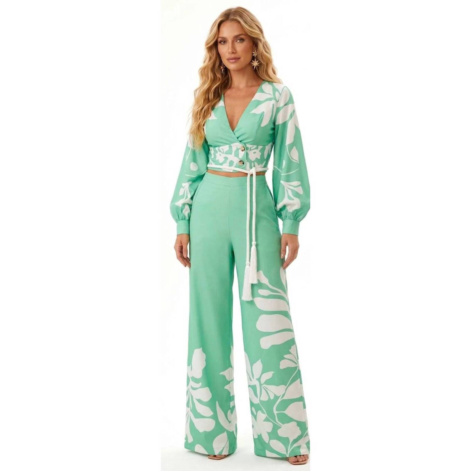 New Chicways Tropical Breeze Two-Piece Crop Top & Wide-Leg Pant Set In Green
